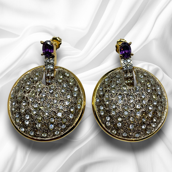 Nadri Jewelry - NEW Nadri Gold-Tone CZ Pavé Disc Drop Earrings Purple Statement Doorknocker
